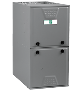 A gas furnace with its door open, revealing the internal components and heating elements inside the unit.