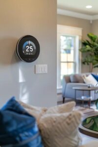 HVAC Blog 6 Smart thermostat in a stylish living room, highlighting energy efficiency and modern home comfort