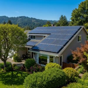 HVAC Blog 2 Residential home with solar panels on the roof in a sunny landscape, emphasizing sustainability